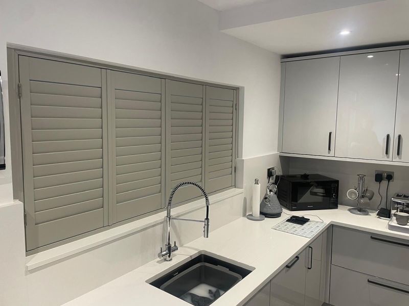 Fantastic install recently of our hardwood shutters to this lovely Kitchen, 
Supplied in Grey, 63mm Louvre with our hidden tilt system.: Swipe To View More Images