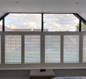 UK manufactured shutters in Silk White, 64mm Louvre with clear view tilt: Click Here To View Larger Image