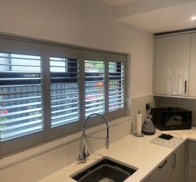 Fantastic install recently of our hardwood shutters to this lovely Kitchen, 
Supplied in Grey, 63mm Louvre with our hidden tilt system.: Click Here To View Larger Image